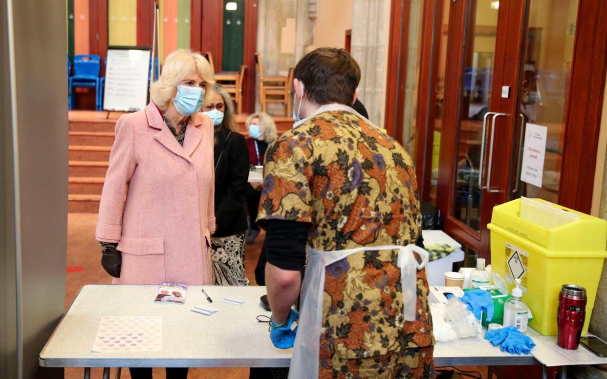 The Duchess of Cornwall during a visit to the Community Vaccination Centre at St Paul's Church, Croydon, where she thanked NHS staff and church representatives supporting the UK vaccination rollout - Steve Parsons / PA