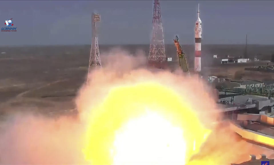 In this photo taken from video footage released by the Roscosmos Space Agency, the Soyuz-2.1a rocket booster with Soyuz MS-18 space ship carrying a new crew to the International Space Station, ISS, blasts off at the Russian leased Baikonur cosmodrome, Kazakhstan, Friday, April 9, 2021. A Russian-U.S. trio of space travelers have launched successfully, heading for the International Space Station. NASA astronaut Mark Vande Hei and Russian cosmonauts Oleg Novitskiy and Pyotr Dubrov blasted off as scheduled at 12:42 p.m. (0742 GMT, 3:42 a.m. EDT) Friday aboard the Soyuz MS-18 spacecraft from the Russia-leased Baikonur launch facility in Kazakhstan. (Roscosmos Space Agency via AP)