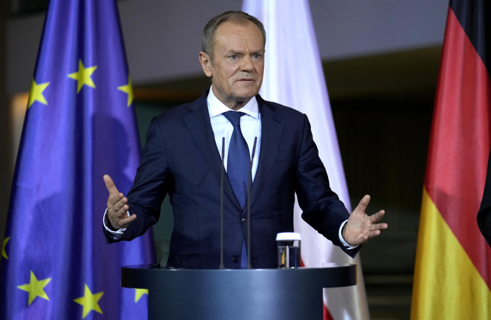 Poland's Prime Minister Donald Tusk attends a press conference in Berlin, Germany, Monday, Feb.12, 2024. (AP Photo/Ebrahim Noroozi)