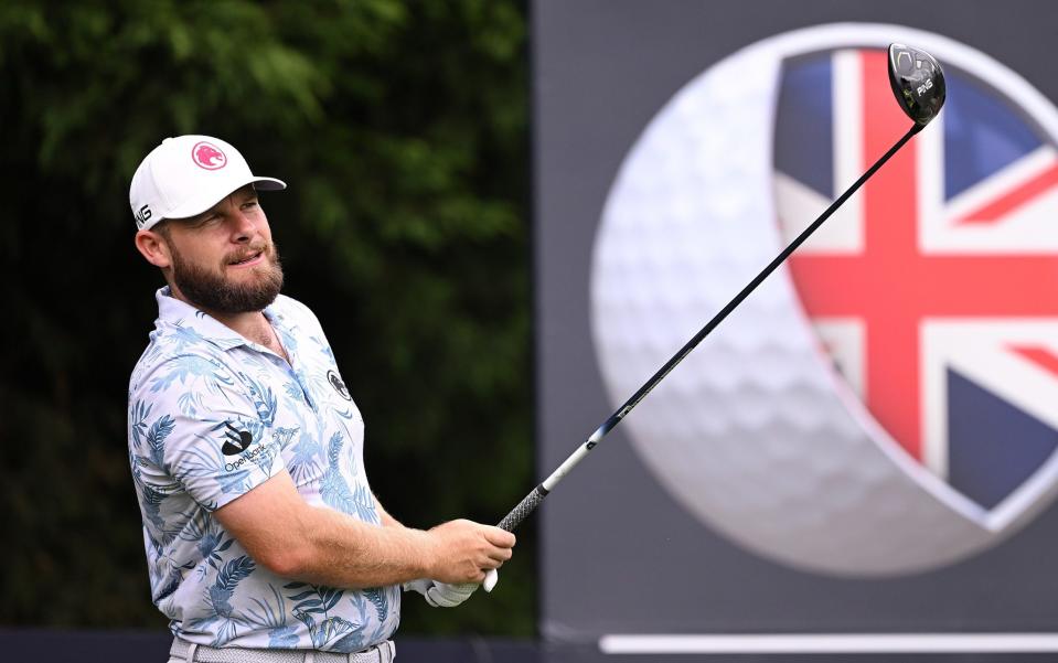 Tyrrell Hatton of England looks on after teeing off on the ninth hole during a Pro-Am prior to the Betfred British Masters hosted by Sir Nick Faldo at The Belfry on August 28, 2024 in Sutton Coldfield, England