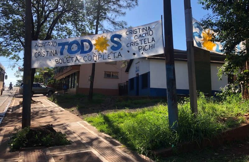 A campaign banner of Alberto Fernandez is seen in Eldorado