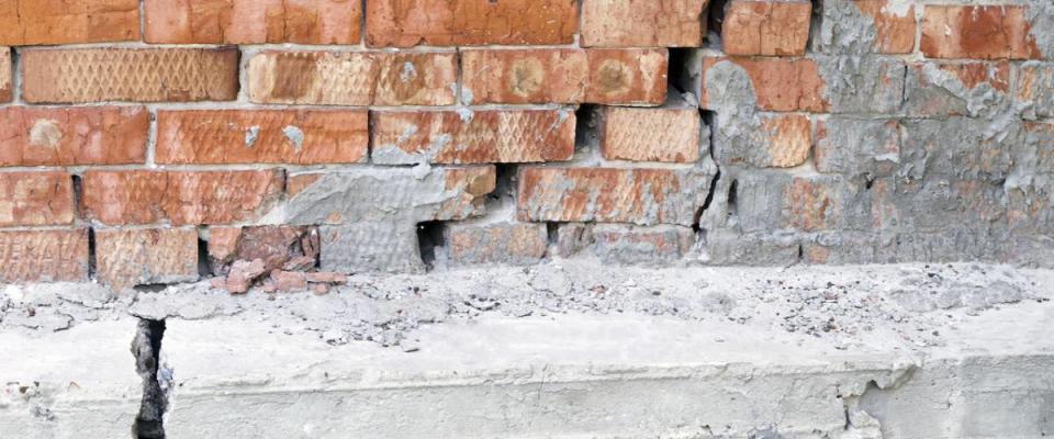 Large crack in a reinforced concrete foundation and brick wall