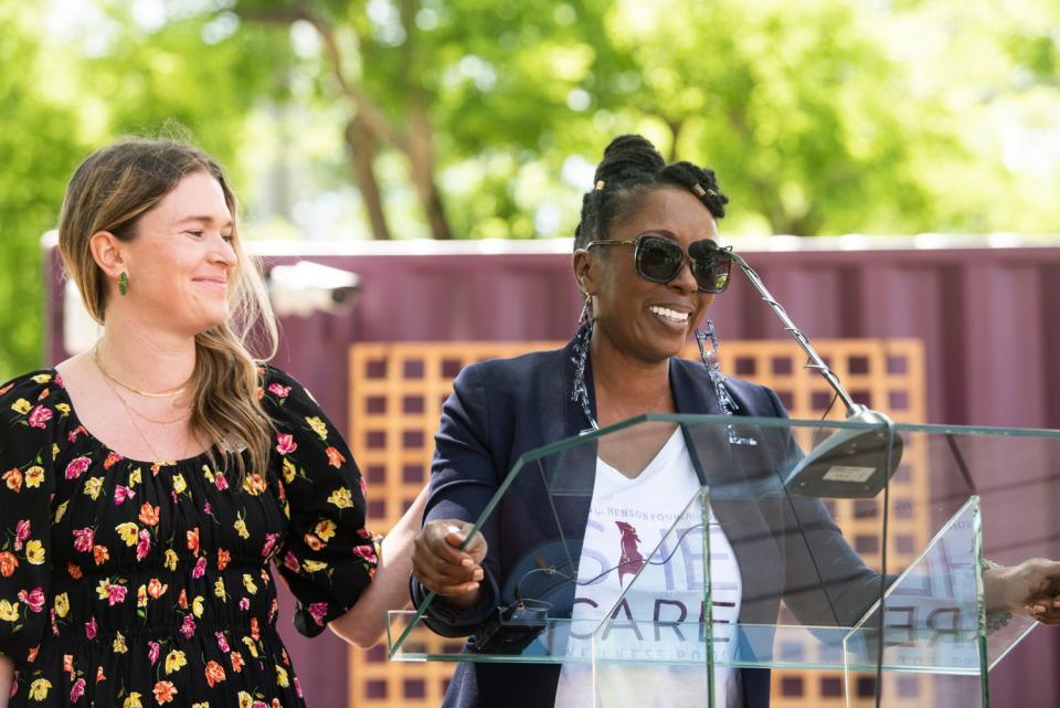 Boris Lawrence Henson Foundation executive director Tracie Jade Jenkins speaks Friday during the opening of the She Care Wellness Pods on the campus of Alabama State University in Montgomery.