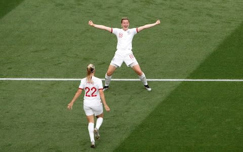 Ellen White celebrates England's second goal with Beth Mead - Credit: REUTERS