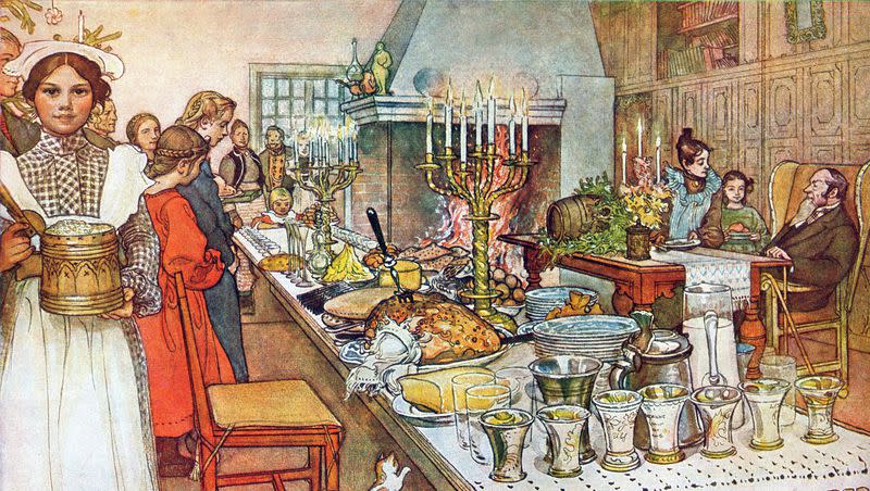 Carl Larsson’s 1904 painting “Julaftonen,” which shows a family gathered around a turkey dinner.