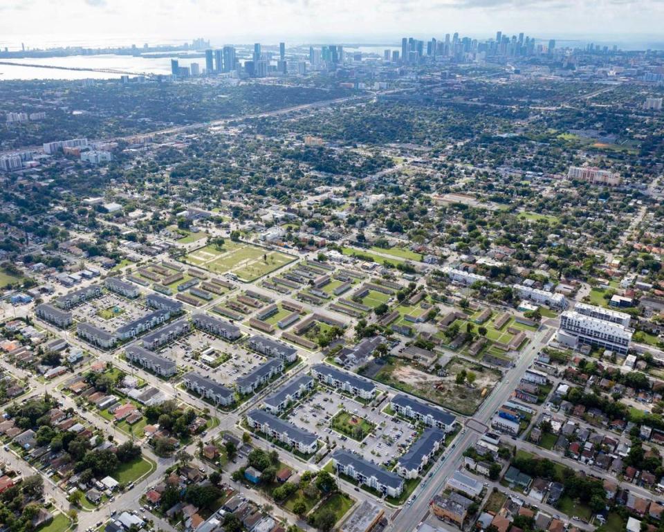 An aerial view of the new Liberty Square next to the old pre-World War II row houses. When the project is completed there will about 1800 new units.