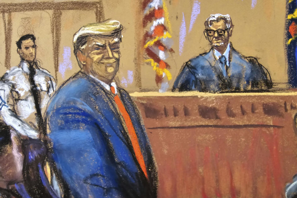In this courtroom sketch, former President Donald Trump smiles to the jury pool as he is introduced to them at the beginning of his trial over charges that he falsified business records to conceal money paid to silence porn star Stormy Daniels in 2016, in Manhattan state court in New York, Monday, April 15, 2024. (Jane Rosenberg/Pool Photo via AP)