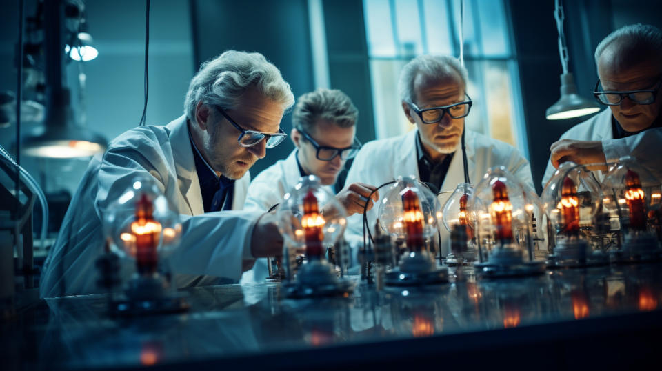 A team of scientists in a laboratory environment, examining precision resistors and strain gages.