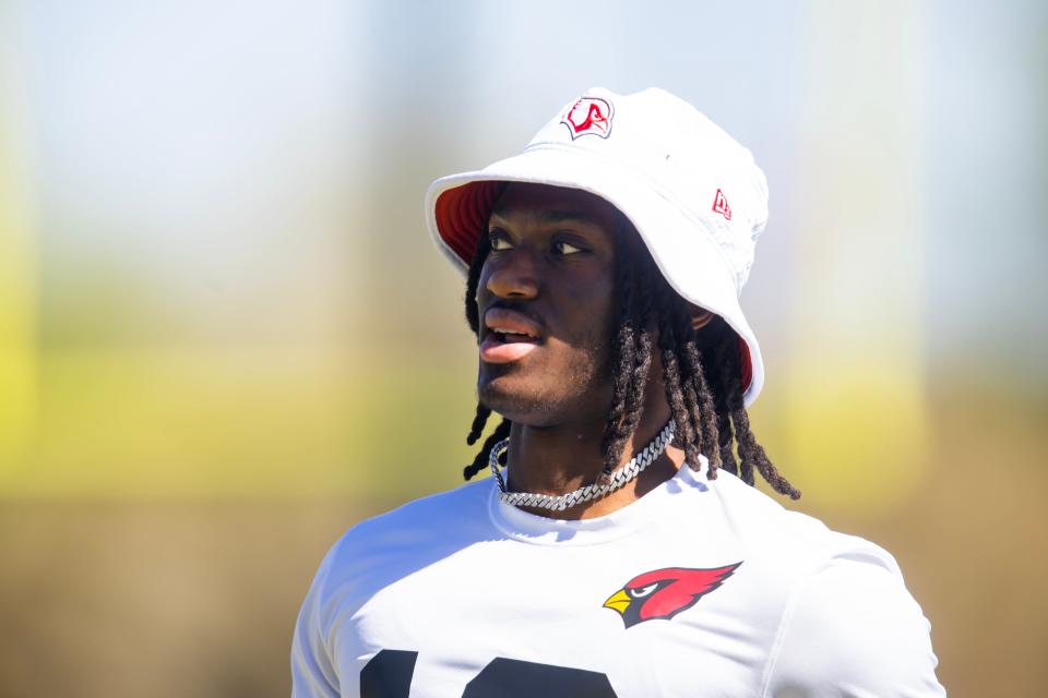 May 10, 2024; Tempe, AZ, USA; Arizona Cardinals wide receiver Marvin Harrison Jr. (18) during rookie minicamp at the teams Tempe Training Facility. Mandatory Credit: Mark J. Rebilas-USA TODAY Sports