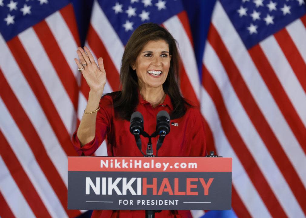 Nikki Haley speaks at her caucus night event.