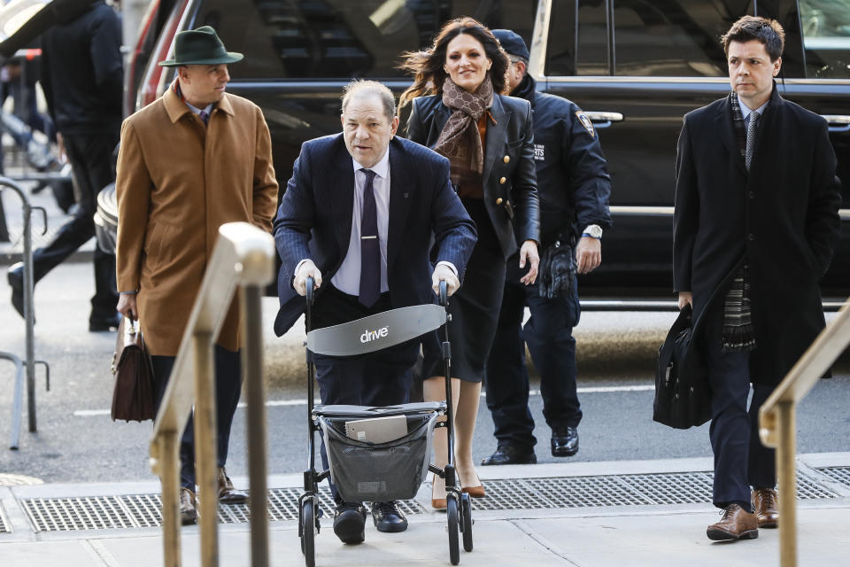 Harvey Weinstein arrives at a Manhattan courthouse as jury deliberations continue in his rape trial, Wednesday, Feb. 19, 2020, in New York. (AP Photo/John Minchillo)