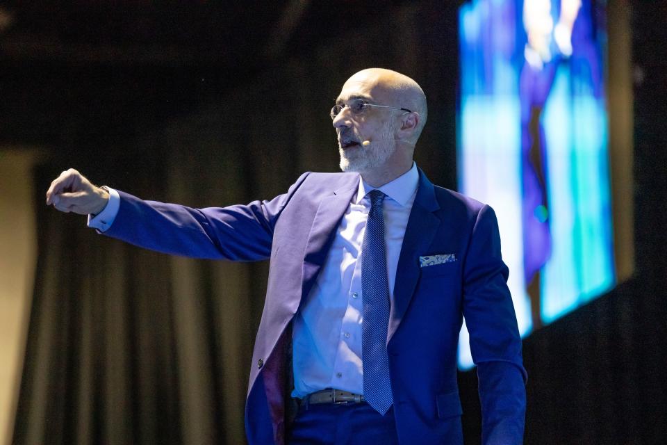 Author and Harvard Business School professor Arthur C. Brooks speaks at the Show Up for Teachers Conference at the Mountain America Expo Center in Sandy on Wednesday, July 19, 2023. | Spenser Heaps, Deseret News