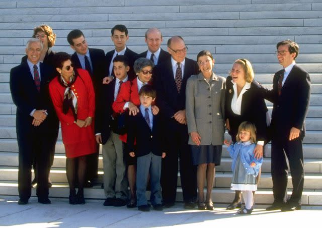 <p>Diana Walker/Getty </p> Ruth Bader Ginsburg and her family outside of the Supreme Court