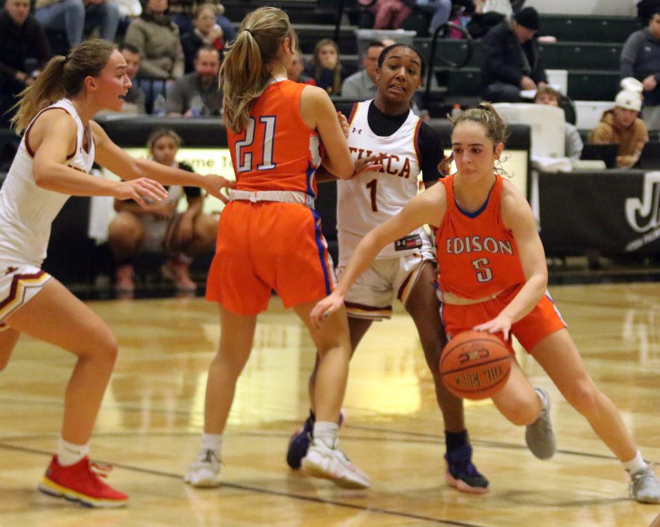 Thomas A. Edison's Payton Littlefield drives to the hoop during the Spartans' 53-43 loss to Ithaca in a girls regional division semifinal at the Josh Palmer Fund Clarion Classic on Dec. 27, 2022 at Elmira High School.