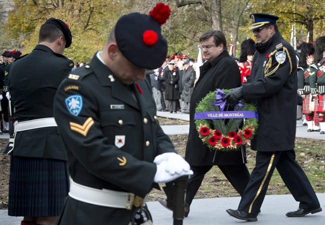 Montreal Mayor Denis Coderre approaches to lay a wreath during Remembrance Day ceremonies Monday, November 11, 2013 in Montreal. It's only taken a week for Montreal's newly elected mayor to have a run-in with the local NHL team.Denis Coderre, the former federal MP who was elected mayor on Nov. 3, has drawn the ire of some Montreal Canadiens. THE CANADIAN PRESS/Paul Chiasson