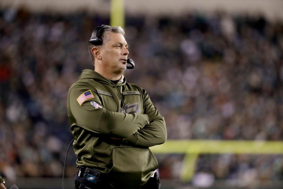 Eagles defensive coordinator Jim Schwartz looks on during the first half against the Dallas Cowboys, Sunday, Nov. 11, 2018, in Philadelphia.