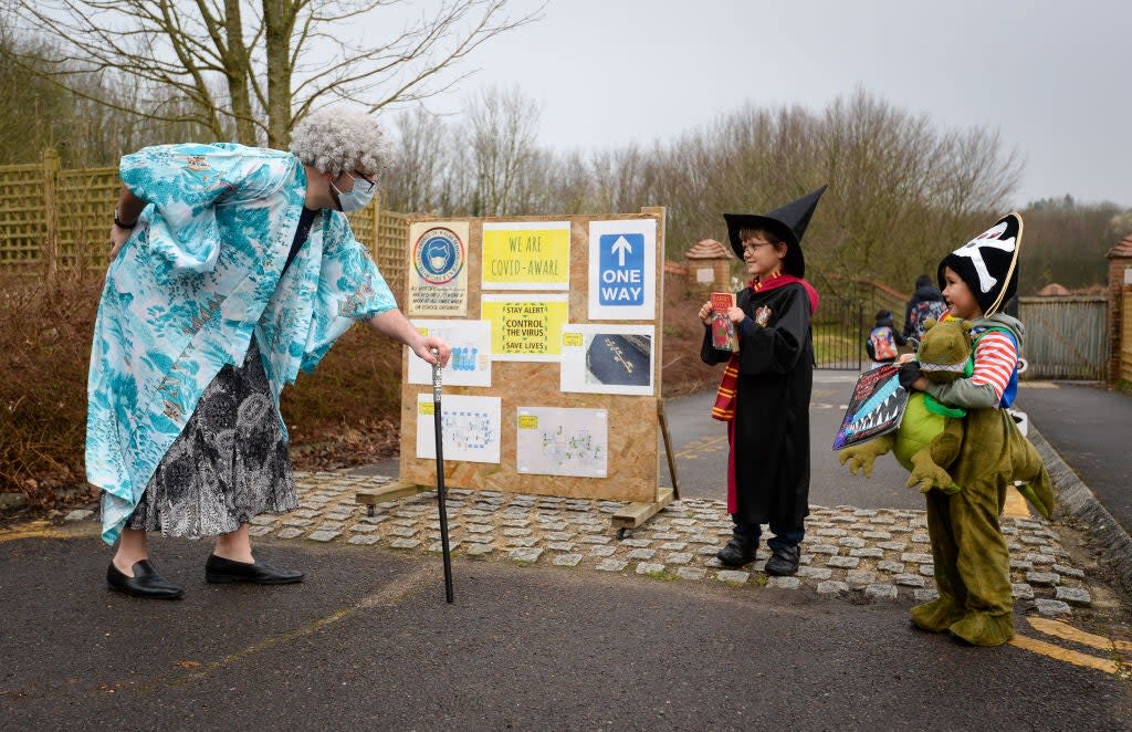 <p>Children of key workers, Henry (4) and Arthur (7), dressed up for World Book Day at The Prince of Wales School in Dorchester but for most children, it will be spent at home this year</p> (Getty Images)