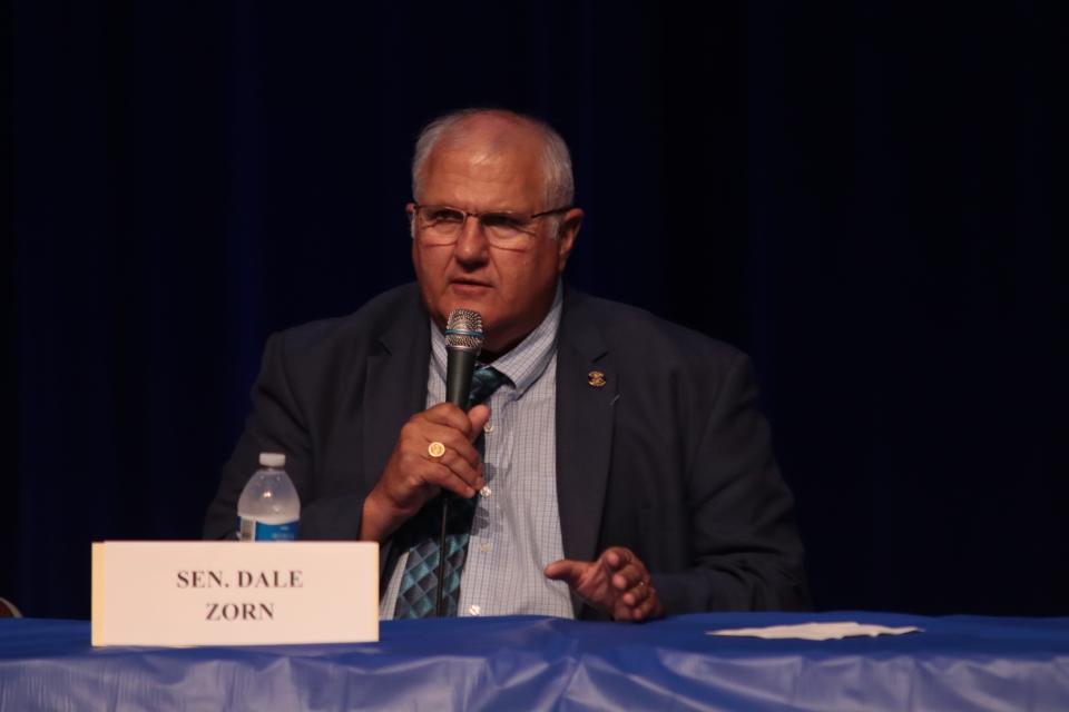 State Sen. Dale Zorn of Onsted, a Republican candidate for the 34th Michigan House District, answers a question during a candidate forum Thursday at Adrian High School.