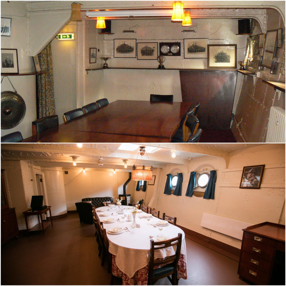 HMS Caroline’s ward room before and after recent renovation (HMS Caroline/PA)