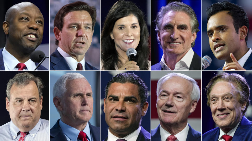 This combination of photos shows Republican presidential candidates, top row from left, Sen. Tim Scott, R-S.C., Florida Gov. Ron DeSantis, former South Carolina Gov. Nikki Haley, North Dakota Gov. Doug Burgum and Vivek Ramaswamy, bottom row from left, former New Jersey Gov. Chris Christie, former Vice President Mike Pence, Miami Mayor Francis Suarez, former Arkansas Gov. Asa Hutchinson and Perry Johnson. (AP Photo)