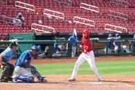 <p>Yadier Molina #4 of the St. Louis Cardinals is hit by a pitch against the Kansas City Royals third inning at Busch Stadium on July 22 in St Louis.</p>
