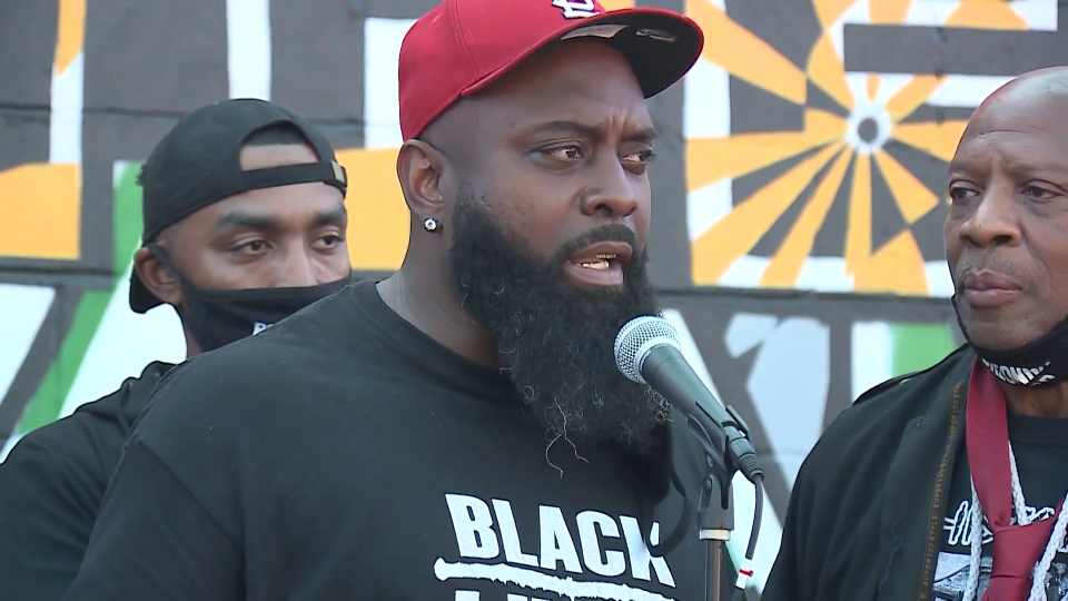 Michael Brown Sr. seen at a Breonna Taylor protest on Saturday, August 8, 2020, in Louisville, Kentucky. His son was killed six years ago by police in Ferguson, Missouri. / Credit: CBS affiliate WLKY-TV