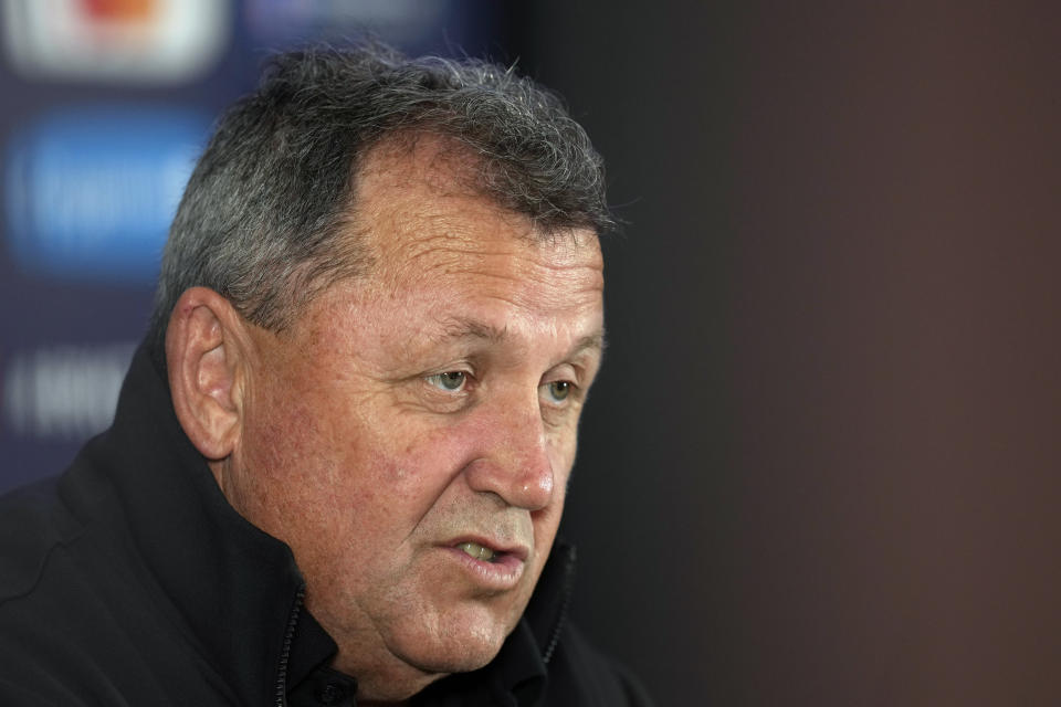 New Zealand's head coach Ian Foster speaks during their media briefing in Rueil-Malmaison, France, Thursday, Oct. 26, 2023. (AP Photo/Themba Hadebe)