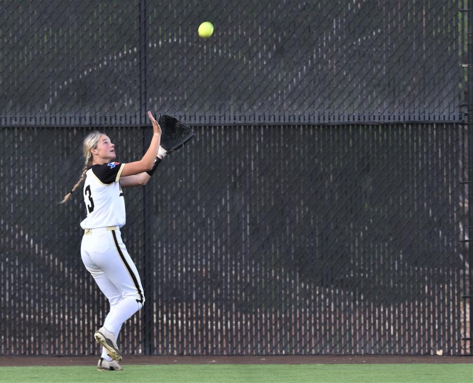 Haskell center fielder Emma Roewe runs down Piper Day's fly ball for the final out in the top of the sixth inning.
