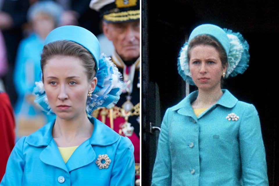 The Crown's Princess Anne played by Erin Doherty vs. the royal in real life (Netflix/Getty Images)