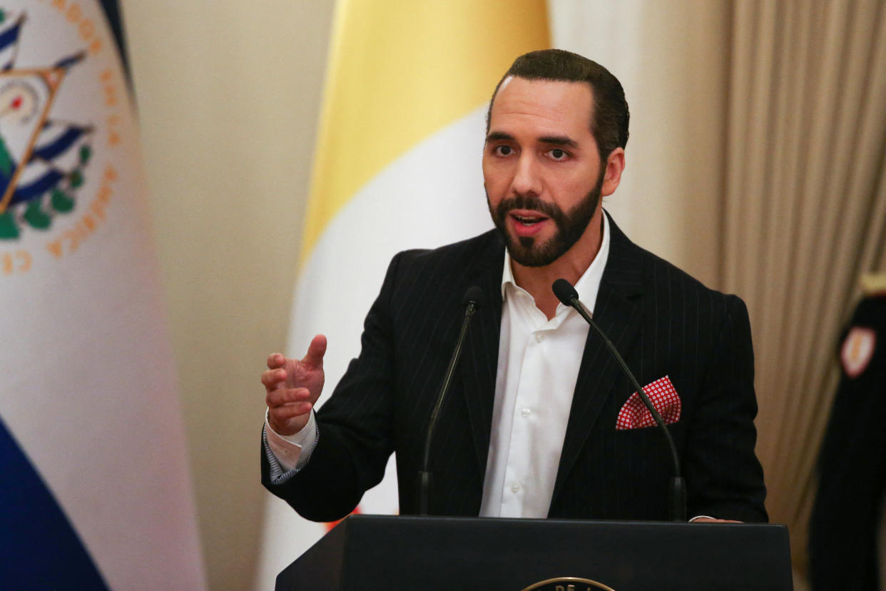 El Salvador's President Nayib Bukele speaks during a decoration ceremony to the Apostolic Nuncio to El Salvador Santo Gandemi, in San Salvador, El Salvador, October 26, 2022. REUTERS/Jose Cabezas