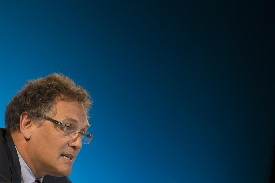 FIFA Secretary General Jerome Valcke talks during a news conference at the Maracana stadium in Rio de Janeiro, Brazil, Thursday, March 27, 2014. (AP Photo/Felipe Dana)