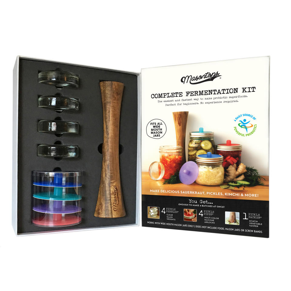 <p>Founded in 2014 by two young Canadian entrepreneurs, this kit is a great addition to any foodie’s kitchen. Fermentation is more than just a trend, it’s a healthier option that can improve your gut health. It’s also a deliciously exciting process. The kit comes with one Pickle Packer vegetable tamper, 4 Pickle Pebble glass weights, 4 Pickle Pipe airlocks (<a rel="nofollow noopener" href="https://www.kickstarter.com/projects/1945102584/pickle-pipe-waterless-fermentation-airlock-for-mas/description" target="_blank" data-ylk="slk:the same airlock that drastically exceeded its Kickstater bid;elm:context_link;itc:0;sec:content-canvas" class="link ">the same airlock that drastically exceeded its Kickstater bid</a>), and a recipe book that has a solid breakdown of what to know about fermenting vegetables. The days of store bought kimchi can soon be over!<br><a rel="nofollow noopener" href="https://www.masontops.com/collections/fermentation/products/complete-mason-jar-fermentation-kit-product-information" target="_blank" data-ylk="slk:SHOP IT: Masontops, $54.95;elm:context_link;itc:0;sec:content-canvas" class="link "><strong>SHOP IT: Masontops, $54.95</strong></a> </p>