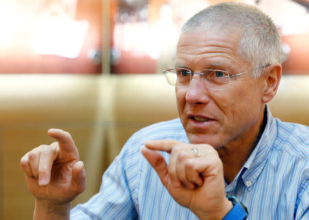 Jean-Paul Girardin, CEO of independent watchmaker Breitling gestures during an interview in the company headquarters in La Chaux-de-Fonds, Switzerland May 26, 2016. REUTERS/Denis Balibouse