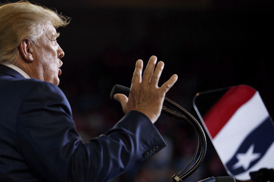 FILE - In this Wednesday, July 17, 2019 file photo, President Donald Trump speaks at a campaign rally at Williams Arena in Greenville, N.C. (AP Photo/Carolyn Kaster)