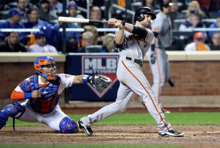 Oct 5, 2016; New York City, NY, USA; San Francisco Giants third baseman Conor Gillaspie (21) hits a three run home run during the ninth inning against the New York Mets in the National League wild card playoff baseball game at Citi Field. Mandatory Credit: Anthony Gruppuso-USA TODAY Sports