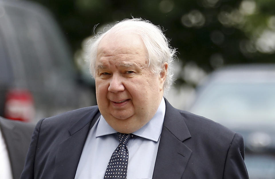 FILE - In this Monday, July 17, 2017, file photo, Russian Ambassador to the U.S. Sergei Kislyak arrives at the State Department in Washington to meet with Undersecretary of State Thomas Shannon. (AP Photo/Carolyn Kaster, File)