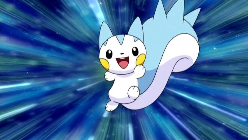 Pachirisu is shown smiling as it jumps in the air.