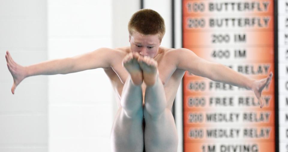 Aurora's Colten McCrae competes in 2023 OHSAA Boys Division II State Diving at C.T. Branin Natatorium in Canton.    Tuesday,  February 21, 2023.