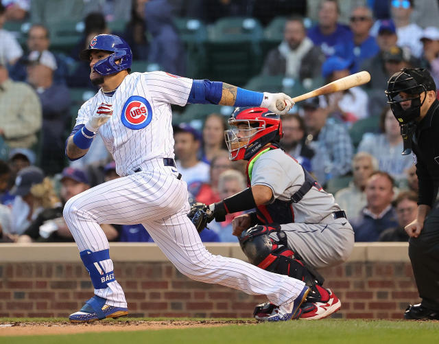 Chicago Cubs' Javier Baez flies out against the Cleveland Indians to end  the sixth inning of game 2 of the World Series at Progressive Field in  Cleveland, Ohio on October 26, 2016.