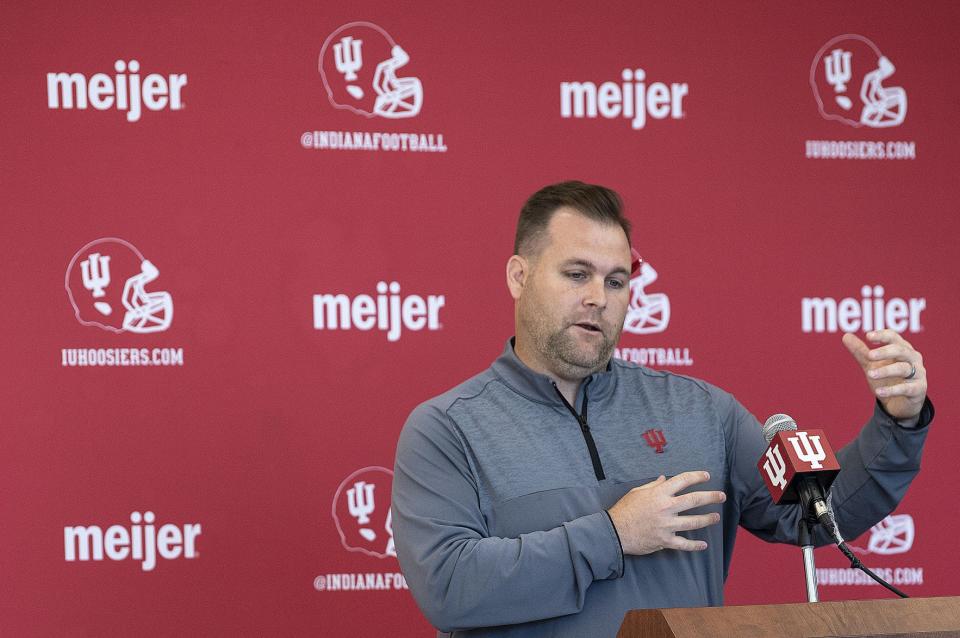 Indiana defensive coordinator Kane Wommack answers questions during IU media day. (Rich Janzaruk / Herald-Times)