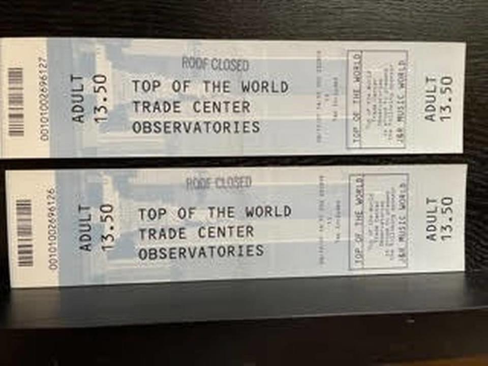 Here are the two tickets to the observation deck of the World Trade Center that Bob and Kathy Kustra had purchased and intended to use on Sept. 11, 2001.