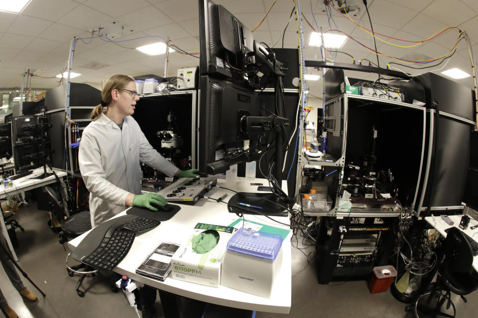 In this Jan. 14, 2020 photo, research associate Katherine Baker of the Allen Institute uses a microscope and computers to study a piece of live brain tissue that was donated by Genette Hofmann as she underwent brain surgery at Harborview Medical Center for epileptic seizures that had disrupted her life for decades. Baker worked late into the evening to examine the tissue at a cellular level while it is still alive. (AP Photo/Ted S. Warren)