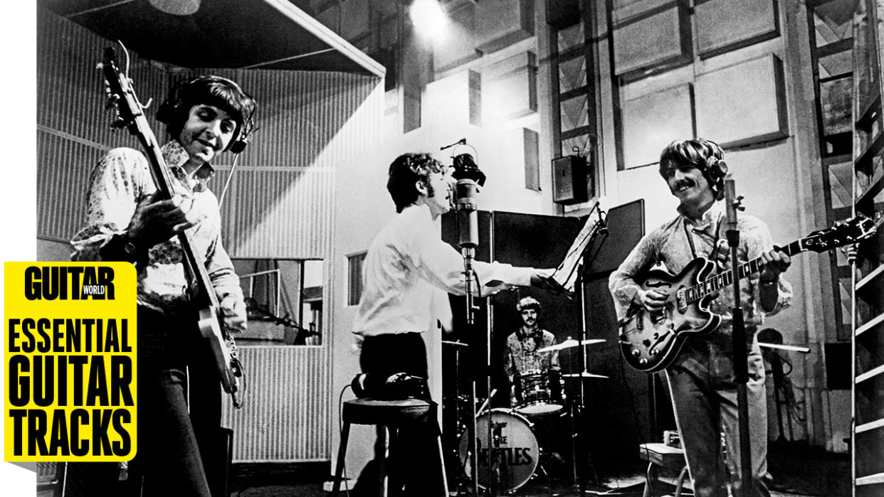  Rock and roll band 'The Beatles' rehearse their song 'All You Need Is Love' for 'Our World' the first live satellite uplink performance broadcast to the world on June 25, 1967 in London, England. 