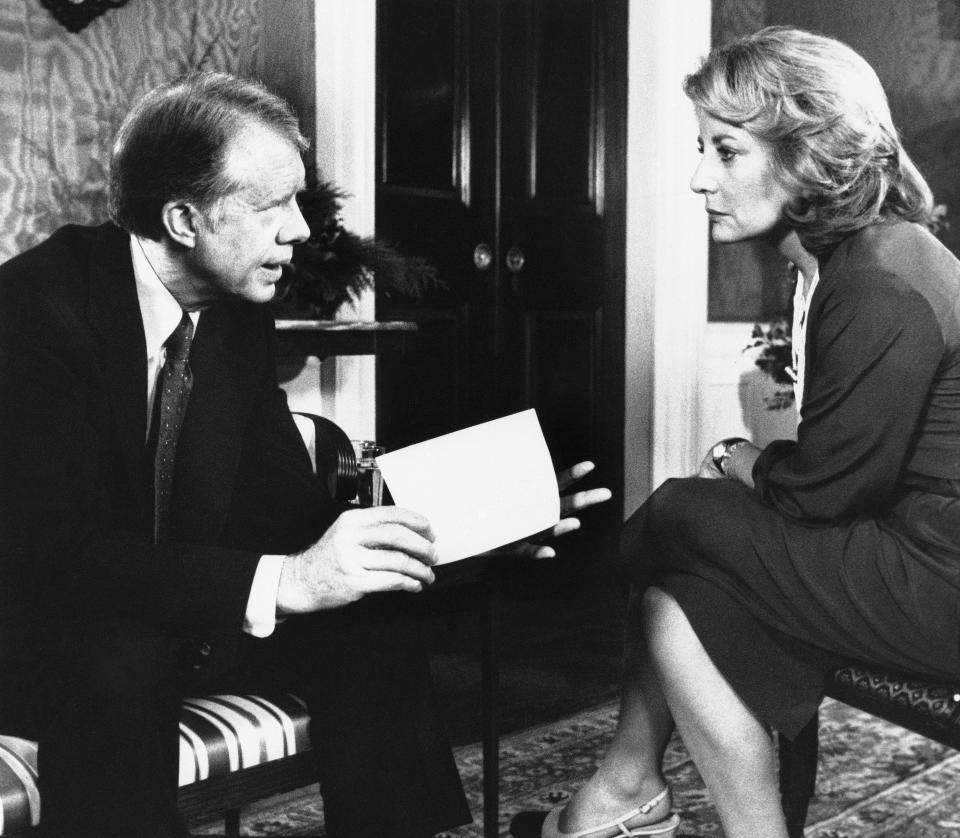 FILE - President Jimmy Carter sits with ABC news correspondent Barbara Walters during the taping of an interview in in the Green Room of the White House in Washington, on Dec. 14, 1978. Walters, a superstar and pioneer in TV news, has died, according to ABC News on Friday, Dec. 30, 2022. She was 93. (AP Photo, File)