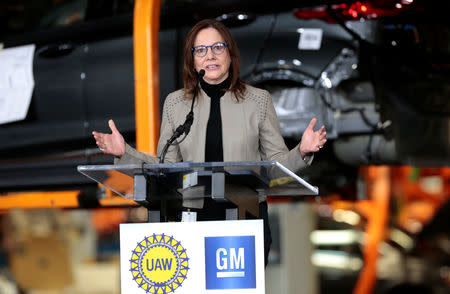General Motors Chief Executive Officer Mary Barra announces a major investment focused on the development of GM future technologies at the GM Orion Assembly Plant in Lake Orion, Michigan, U.S. March 22, 2019. REUTERS/Rebecca Cook