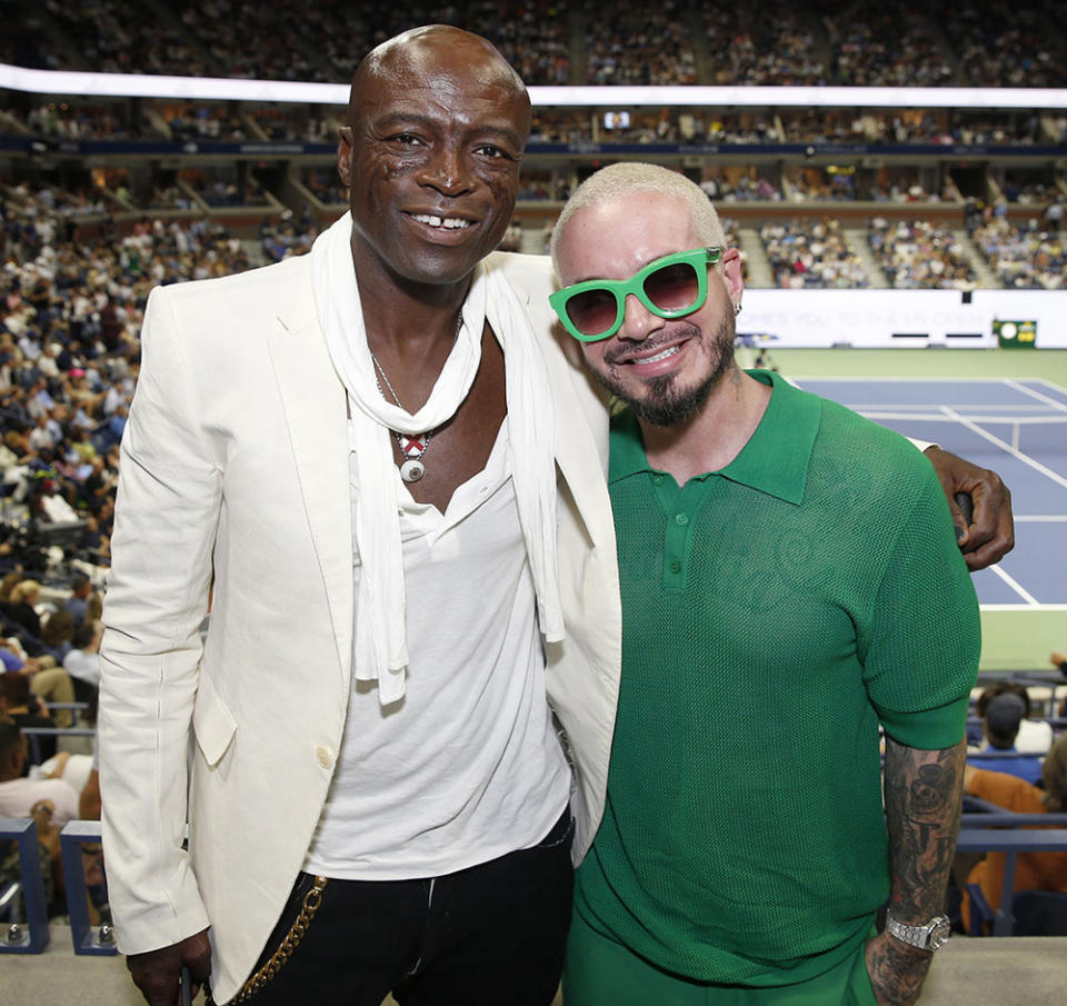 Seal and J Balvin attend the US Open with Maestro Dobel Tequila, First Official Tequila Of The US Open at USTA Billie Jean King National Tennis Center on August 29, 2023 in New York City.