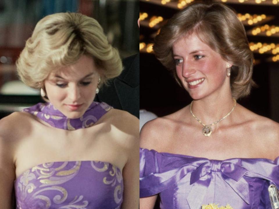 Emma Corrin as Diana wearing purple gown; and Princess Diana wearing a purple gown.