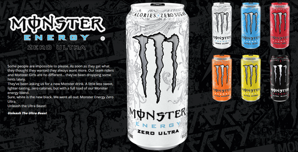 Large white can of Monster Energy drink, with other colors of cans in smaller images next to it.