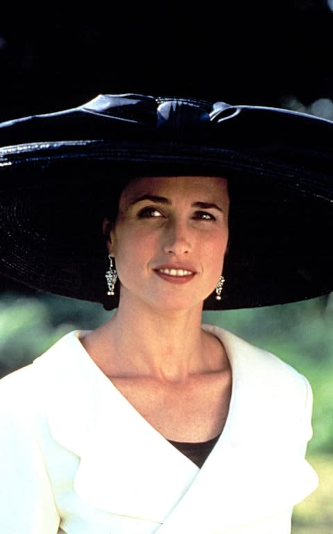 Andie MacDowell and her hat in Four Weddings and a Funeral. 