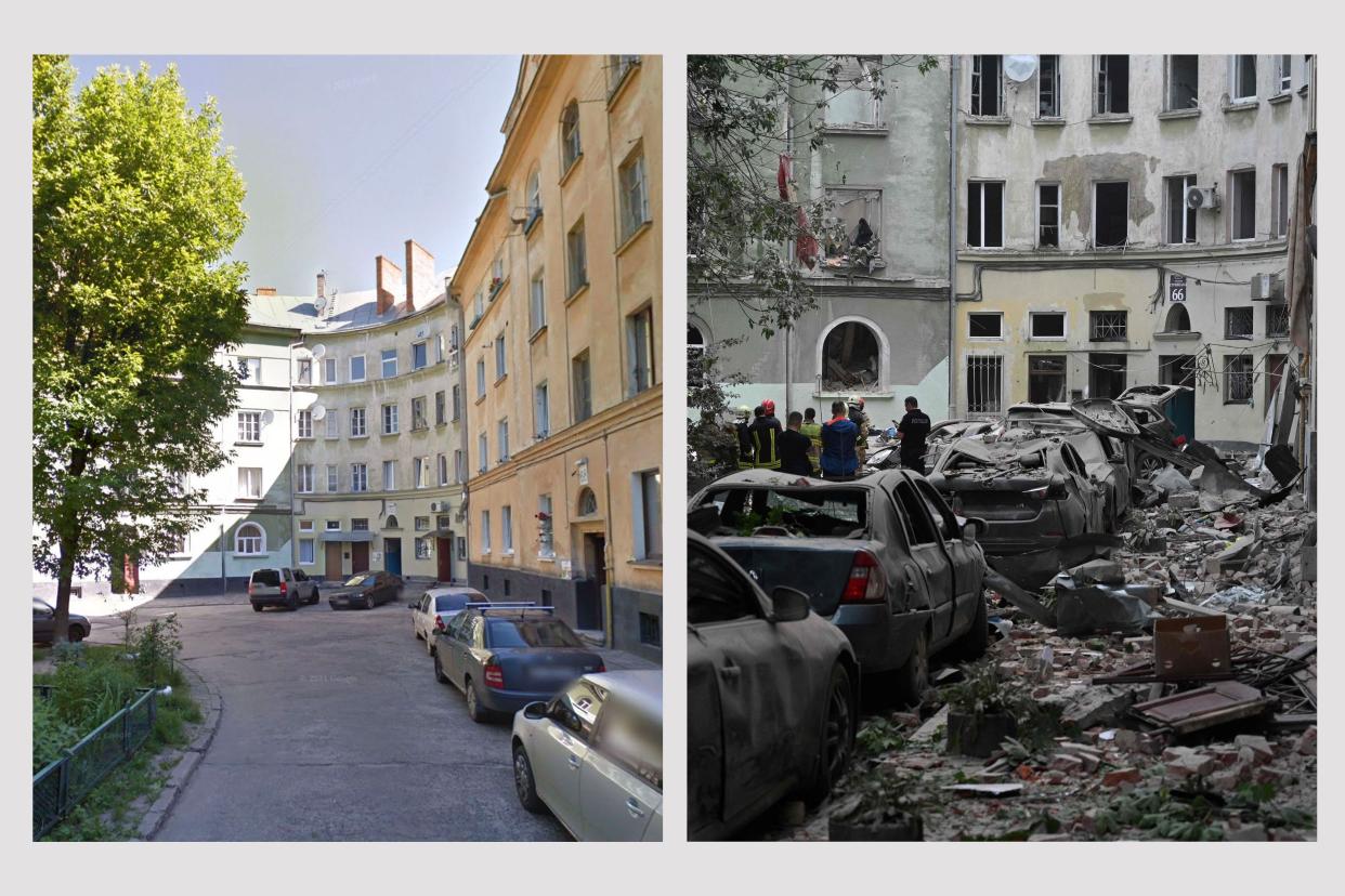 A side-by-side image of an apartment block in Lviv shows what it looked like before Russia invaded Ukraine on Feb. 24, 2022. It was partially destroyed by a missile strike on July 6, 2023.